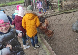 Dzieci oglądają zwierzęta hodowane w gospodarstwie.